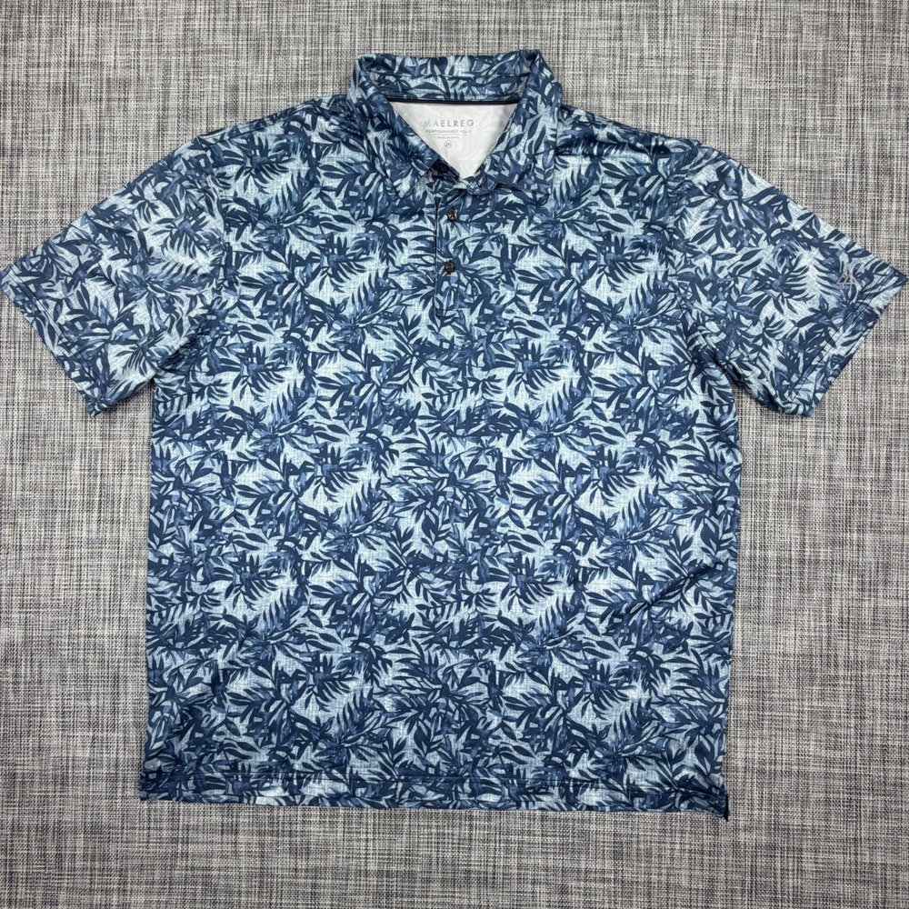 MAELREG Mens 2XL Blue Leaf Stretch Performance Golf Polo Shirt Short Sleeve